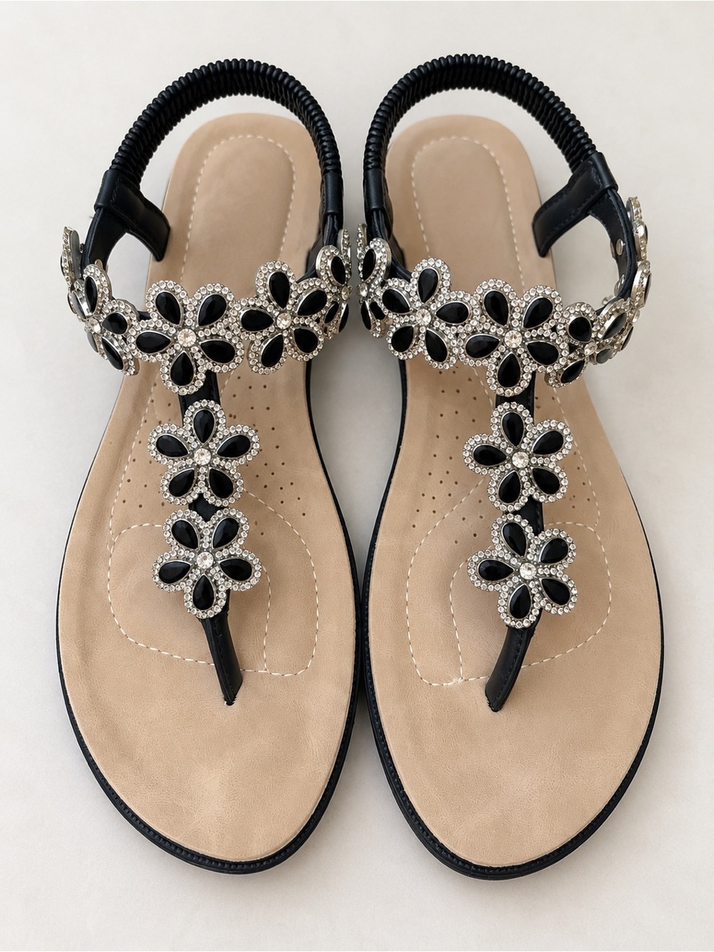 Women's Black Jeweled T-Strap Sandals